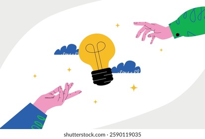A minimalistic illustration depicting hands reaching for a light bulb. A metaphor for collaboration, exchange of ideas, and interaction