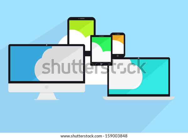 minimalistic illustration of different electronic\
devices with a cloud divided in each device, symbol for cloud\
networking, flat style\
design
