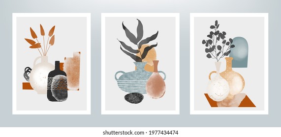 Minimalistic illustration with different vases and plants. Set of abstract art vector posters. 