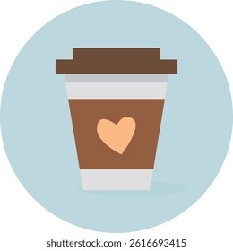 Minimalistic illustration of a disposable coffee cup with a brown sleeve and peach heart, a white lid, set against a light blue circular background.