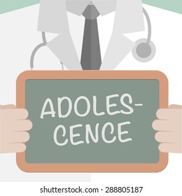 minimalistic illustration of a doctor holding a blackboard with Adolescence text, eps10 vector