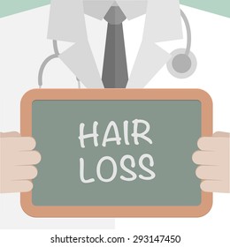 minimalistic illustration of a doctor holding a blackboard with Hair Loss text, eps10 vector