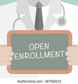 minimalistic illustration of a doctor holding a blackboard with Open Enrollment text, eps10 vector