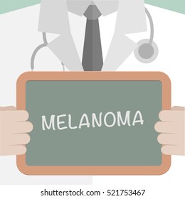 minimalistic illustration of a doctor holding a blackboard with Melanoma text, eps10 vector