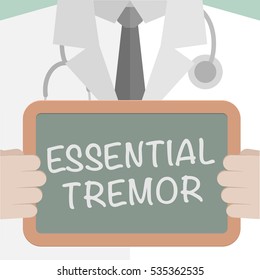 minimalistic illustration of a doctor holding a blackboard with Essential Tremor text, eps10 vector