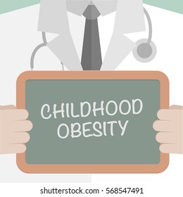 minimalistic illustration of a doctor holding a blackboard with Childhood Obesity text, eps10 vector