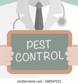minimalistic illustration of a doctor holding a blackboard with Pest Control text, eps10 vector