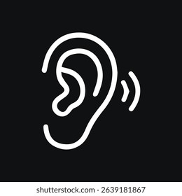 A minimalistic illustration of an ear anatomy with sound waves, set against a black background. Ideal for themes related to hearing or medical design.