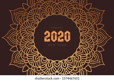 minimalistic with illustration elegant template happy year 2020 new winter gold 3d holiday celebrate with posters text background with mandala. elegan black light. mandala with year new