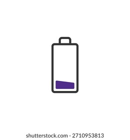 Eine minimalistische Illustration zeigt ein Batteriesymbol mit einem erschöpften Ladezustand, das durch einen niedrigen violetten Balken angezeigt wird, der das Konzept der geringen Leistung und der Notwendigkeit zum Aufladen vermittelt. Dieser visuelle Hinweis ist