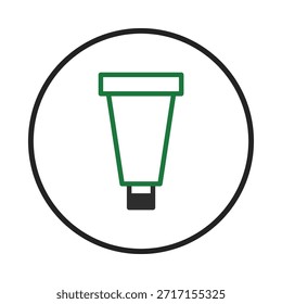Uma ilustração minimalista apresenta um tubo contornado verde com uma tampa preta, fechada dentro de um círculo preto. Essa imagem vetorial simples transmite conceitos de embalagem, design, limpeza e
