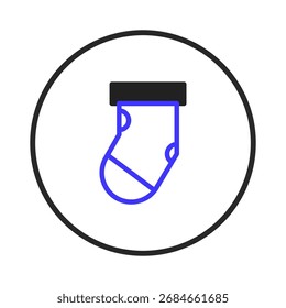 A minimalistic illustration features a single sock with a blue outline and black top inside a clean white circle. The sock symbolizes warmth and comfort, creating a cozy and comforting feeling. This
