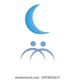 A minimalistic illustration featuring a blue crescent moon above abstract human-like figures, symbolizing unity, balance, and harmony. The design evokes a sense of tranquility and serene cooperation.