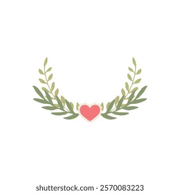 A minimalistic illustration featuring a heart surrounded by a decorative leafy wreath, symbolizing love and nature in a soft pastel style.