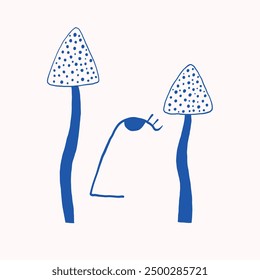 A minimalistic illustration featuring two blue mushrooms and abstract lines on a light background, evoking a sense of simplicity and modern art