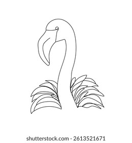 Minimalistic illustration of a flamingo with a defined outline and feathers surrounding its base