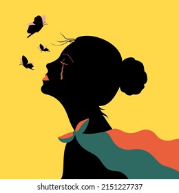 Minimalistic illustration in flat style on the theme no war in Ukraine. Girl with the flag of Ukraine. Poster for print and interior decor.