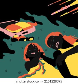 Minimalistic illustration in flat style on the theme no war in Ukraine. A woman with a child on the lawn with a suitcase under rocket attacks. Poster for print and interior decor.