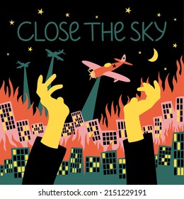 Minimalistic illustration in flat style on the theme no war in Ukraine. Fire in the city, destroyed houses. Poster for print and interior decor.