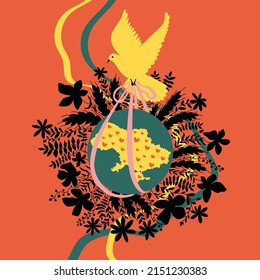 Minimalistic illustration in flat style on the theme no war in Ukraine. Dove of peace carrying the Earth with Ukraine. Poster for print and interior decor.
