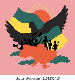 Minimalistic illustration in flat style on the theme no war in Ukraine. Dove of peace, bringing peace to Ukraine. Poster for print and interior decor.