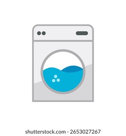 Ilustração minimalista de uma máquina de lavar que carrega à frente, contendo água, representada sobre um fundo branco limpo. Perfeito para transmitir limpeza e conceitos de lavanderia