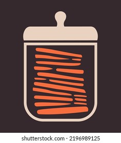 Minimalistic illustration of glass jar with slices of vegetables. Flat vector clip art with kitchenware object. Healthy nutrition icon for vegan, vegetarian merch. Isolated doodle object.