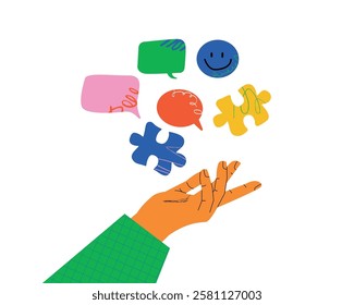 A minimalistic illustration with a hand holding colorful puzzle pieces, a metaphor for the search for ideas, solutions, brainstorming.
