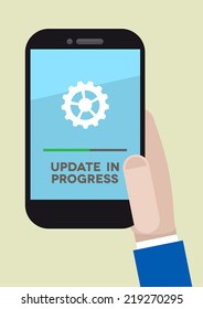 minimalistic illustration of a hand holding a mobile phone with update screen, eps10 vector