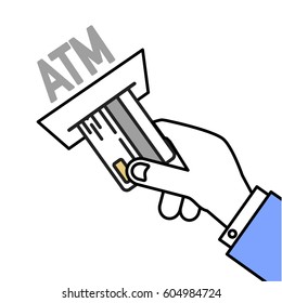minimalistic illustration of a hand inserting a card into an atm, eps10 vector