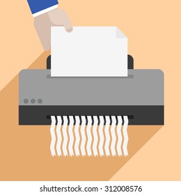 minimalistic illustration of a hand putting a letter into a paper shredder, eps10 vector