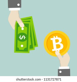minimalistic illustration of a hands exchanging money and bitcoin, eps10 vector illustration