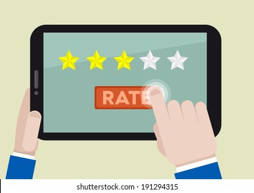 minimalistic illustration of hands holding a tablet computer with rating system and hand pushing the button, eps10 vector