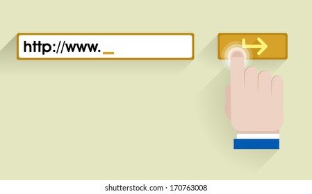 minimalistic illustration of an internet address bar with hand cursor icon over "enter" button, eps10 vector