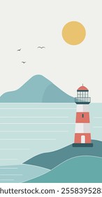 Minimalistic illustration of island and lighthouse. With copy space. Suitable for social media projects