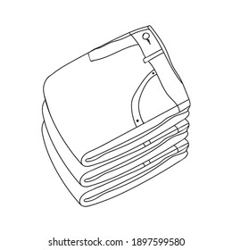 Minimalistic illustration of jeans. Simple modern clothes neatly stacked in a pile. Outline icon isolated on white background.