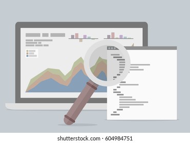 minimalistic illustration of a laptop with data sheet and magnifiying glass, data analyzing concept, eps10 vector