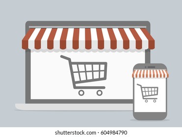 minimalistic illustration of a laptop and smartphone with shopping cart, mobile shopping concept, eps10 vector