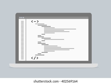 ilustración minimalista de un portátil con código de programa estilizado en pantalla, vector eps10