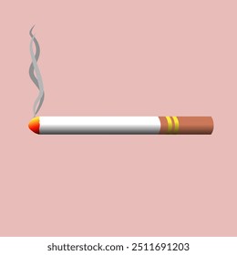 A minimalistic illustration of a lit cigarette with smoke rising, set against a pastel pink background. The cigarette features a glowing orange tip with grey smoke spiraling upwards. Design is clean 