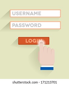 minimalistic illustration of a loginscreen with hand performing action, eps10 vector