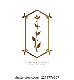 minimalistic illustration of a logo or symbol, with a frame and ornament of stalks and leaves. Natural and beautiful shades.