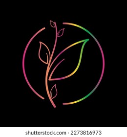 minimalistic illustration of a logo or symbol, with a frame and ornament of stalks and leaves. luxurious gradient colors that are luminous and cool.