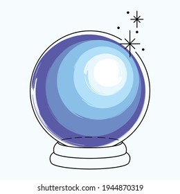 Minimalistic illustration of a magic ball for divination. Line art with blue spots