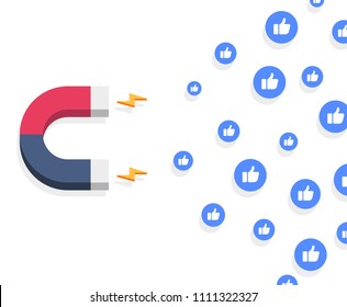 minimalistic illustration of a magnet attracting likes, social media and influencer marketing concept, eps10 vector