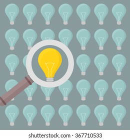 minimalistic illustration of a magnifiying glass over several lightbulbs, eps10 vector