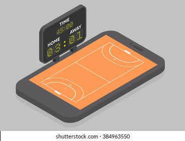 ilustración minimalista de un teléfono móvil en vista isométrica con campo de balonmano, concepto de observación en línea, vector eps10