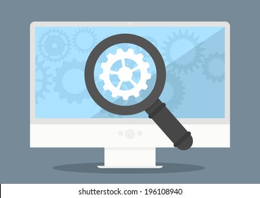 minimalistic illustration of a monitor with cogwheel and magnifiying glass, eps10 vector