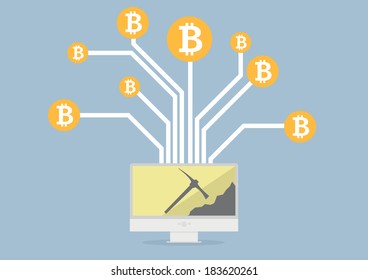 minimalistic illustration of a monitor displaying bitcoin mining, eps10 vector