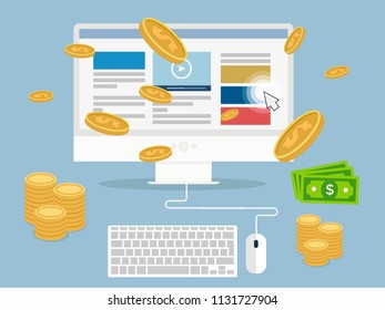 minimalistic illustration of a monitor with elements and money coins and bills, affiliate income concept, eps10 vector